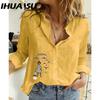 IHUASU Women's Fashion Casual Small Fish Print Long Sleeve POLO Neck Blouses & Shirts