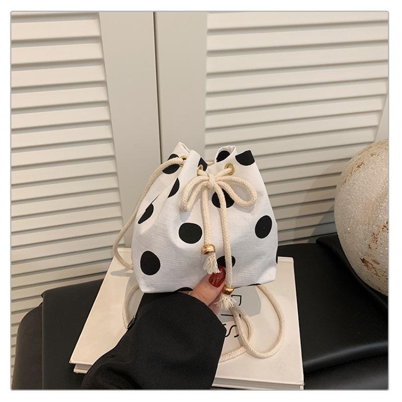 Polka Dot Nylon Drawstring Crossbody Bag Soft Lightweight Adjustable Strap Fashion Shoulder Purse for Women Shopping