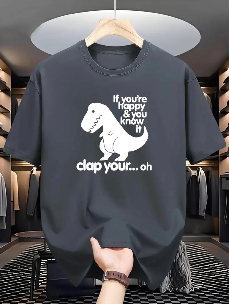 Men's Dinosaur Overlord Print T-Shirt - Casual Crew Neck, Regular Fit, Slight Stretch, Summer Short-Sleeve Tee - 180gsm