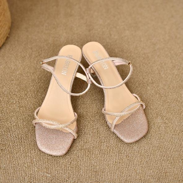 

Retro Square Head Women Thin Heel Shoes Exquisite Rhinestone Open Toe Sandals Minimal Elegant Dress Ladies High Heels 40 рожевий