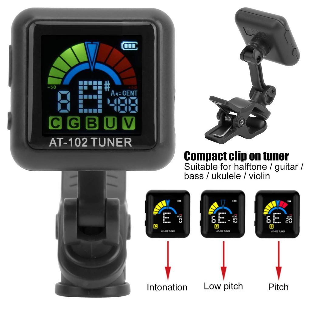 Clip-on USB Guitar Tuner, Rechargeable, for Stringed Instruments (AT-102 Black)