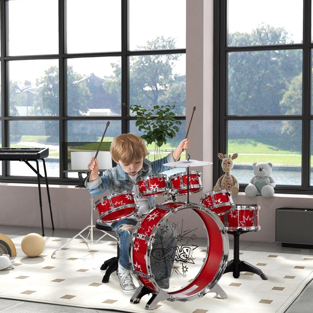 Drum Set for Children +3 Years with Drums, Bass Drum, Cymbal, Pedal and Drumsticks Star Theme Design 65x22x57 cm Red