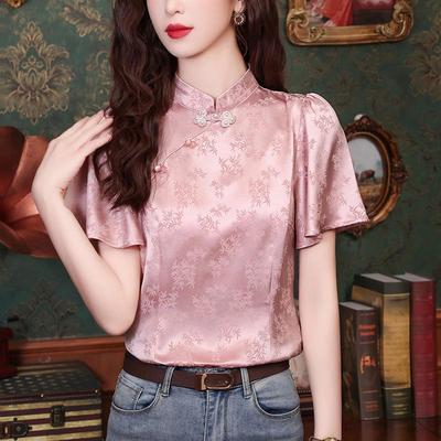 Women's Pink Jacquard Stand Collar Short-Sleeve Pullover - 2024 Trendy Chinese Style Summer Top