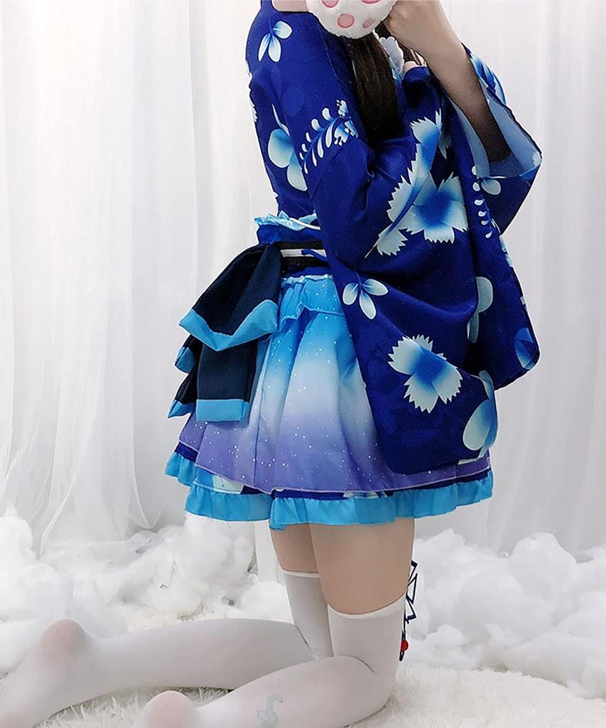 Milky Time Yukata, Japanese Style Miniskirt, Cute Cosplay Halloween Costume Set, Summer Festival, Oiran (Blue)