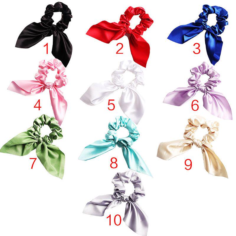 Solid Color  Satins Scrunchie With Bunnies Ears Design Soft Fabric Stretchy Hair Rope Accessories For Women Girls