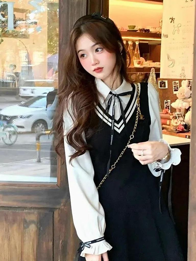 LAVASEON Dress with Mini Elastic and Ruffled Mori Princess Perfect for School School-Style Ribbon, Length, Mass-Produced, Short/Long Sleeves, Waist,