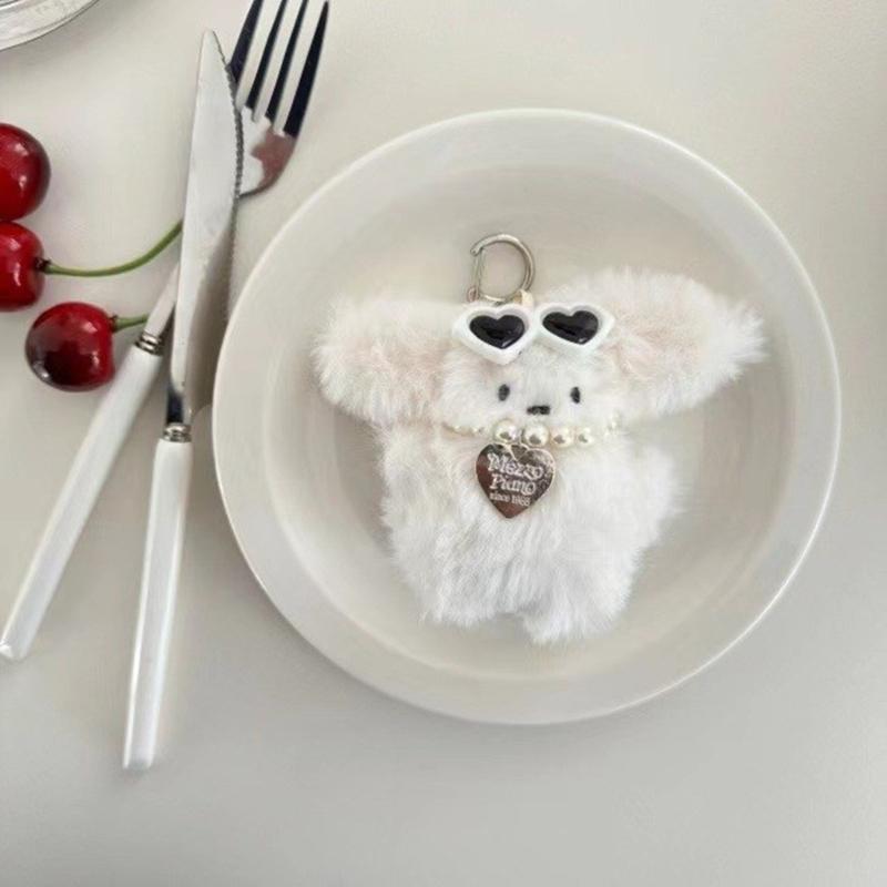 Handmade Rabbit Keychain with Glasses Bunnys Heart Charm Keyring for Women Plush Key Chain Pendant Car Bag Ornament