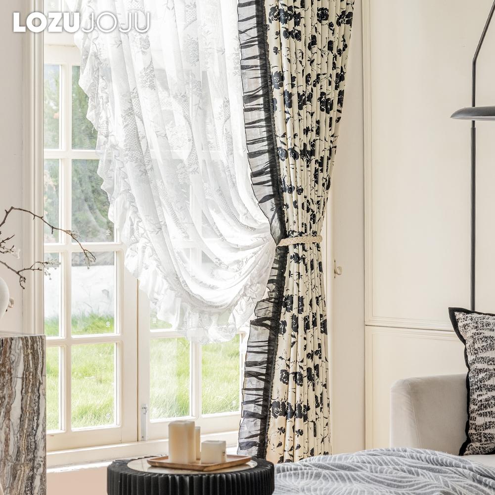 1 Stück 70-80% Verdunkelung Romantischer französischer Rosendruck Gerüschter Bequemer Vorhang für Schlafzimmer Wohnzimmer Wohnkultur LOZUJOJU