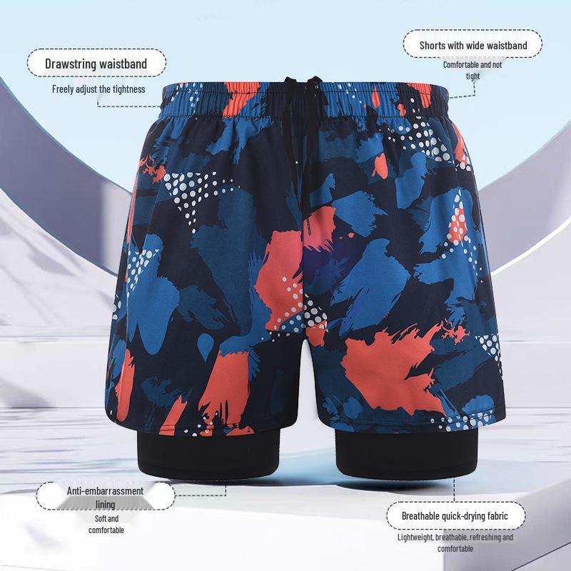 Men's Quick-Drying Double-Layer Printed Swim Trunks - Large, Loose Fit, Anti-Embarrassment, Professional Swimsuit