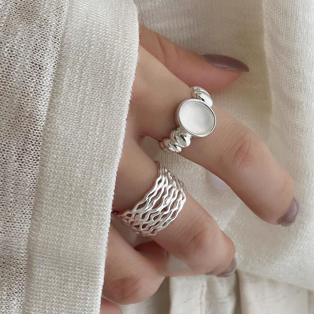 925 Sterling Silver Rings For Women Geometric Fine Jewelry Finger Adjustable Wide Interlines Ring For Party Birthday Gift