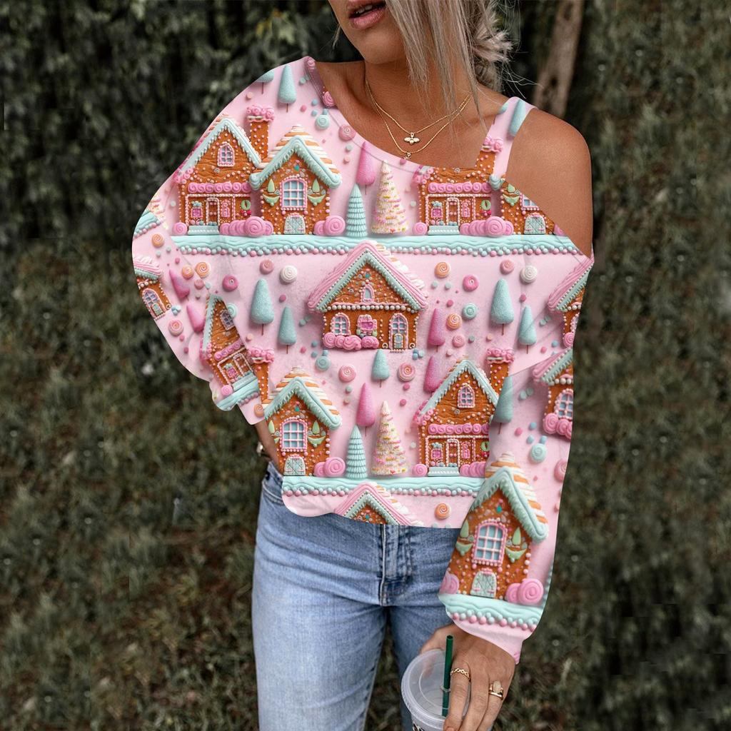 Women's Hollowed Out Fashionable Casual Floral Print Off Shoulder Hoodie Top Christmas