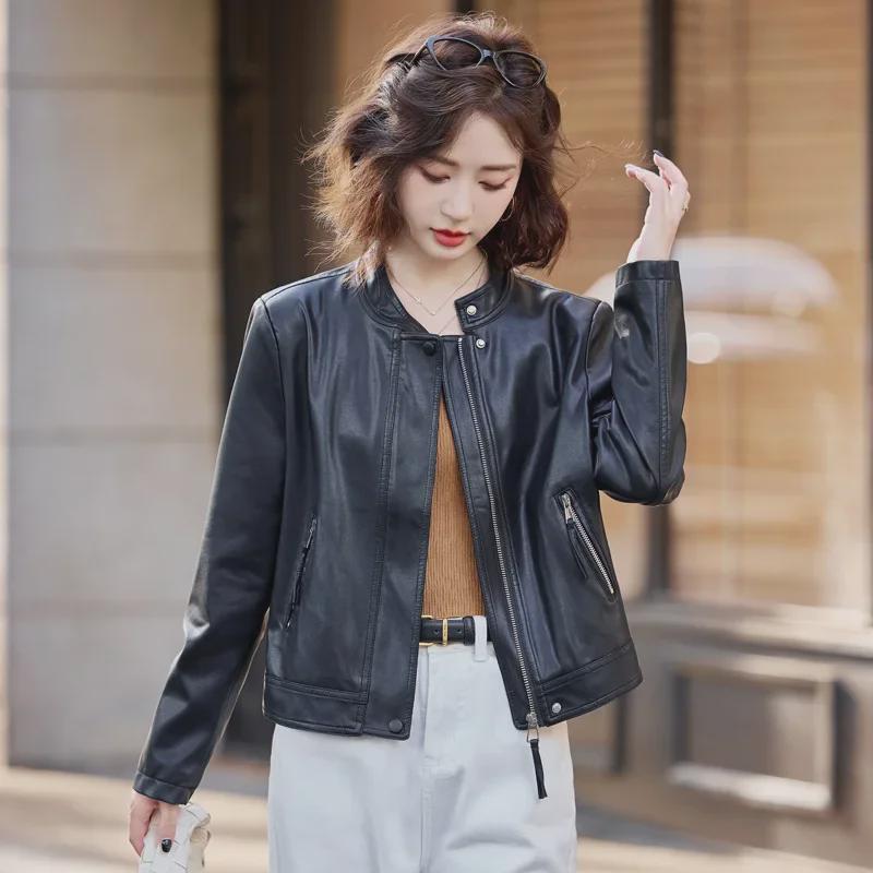 Women's Sheepskin Motorcycle Jacket: Genuine Leather, Stand-Up Collar, Short Style for Spring & Autumn.