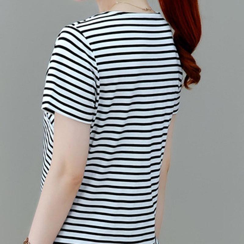 Fashion Casual Women Short Sleeve Irregular Shirt V Neck Stripe Tops Blouse