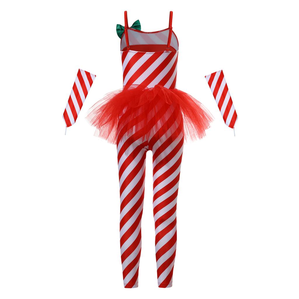 Girls Christmas Candy Cane Costume Sleeveless Striped Tulle Peplum Jumpsuit Santa Claus Dancewear Arm Sleeves