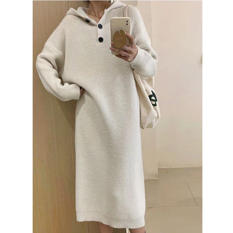 Hooded Single-breasted Pullover Sweater Skirt Women's Autumn and Winter New Lazy Loose Large-size Knitted Dress