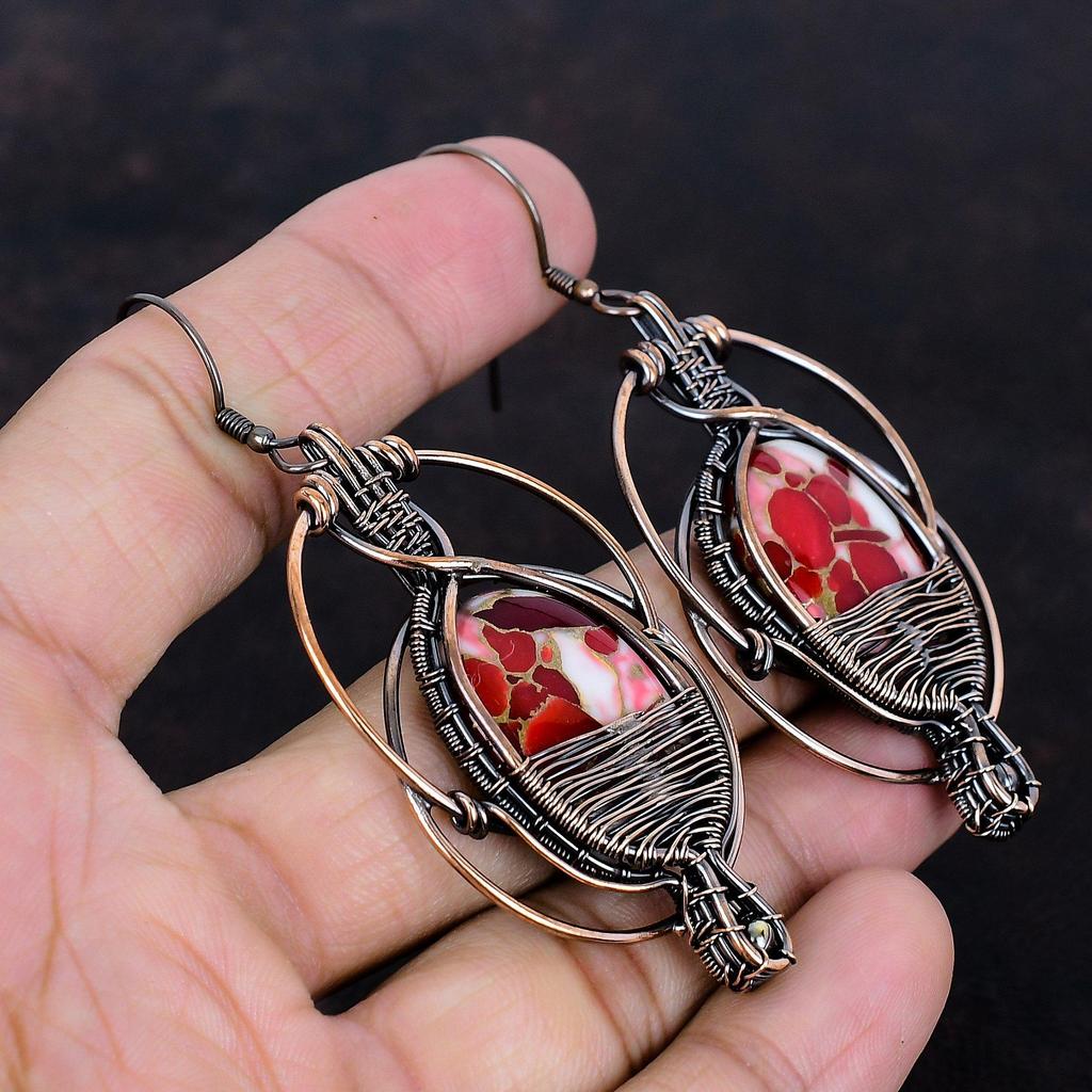 Kingman Red Mohave Copper Turquoise Earring Copper Wire Wrapped Earring Gemstone Handmade Earring Copper Wire Jewelry Designer Drop Earrings
