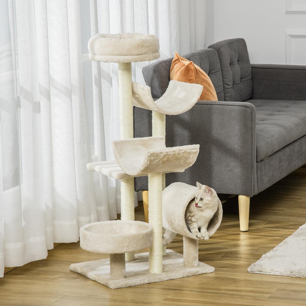 Cat Tree 105cm Cat Tower with Tunnel, Platforms Cat Scratching Post with Sisal Scratching Posts, for Cats up to 5 kg, Beige