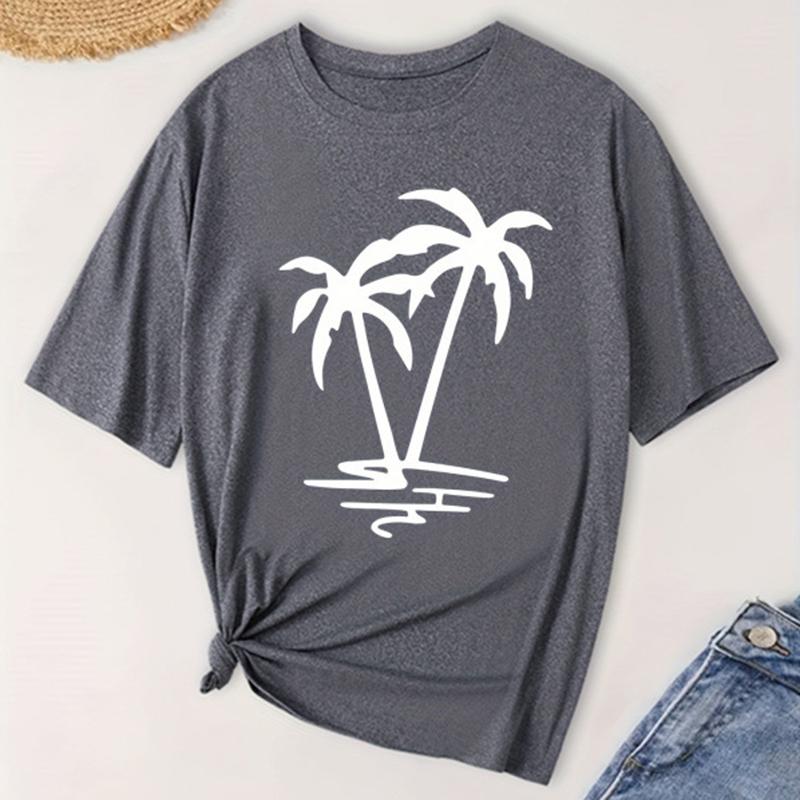 T-shirt Feminina da Moda Manga Curta Verão Estampa de Coqueiro Casual Tops