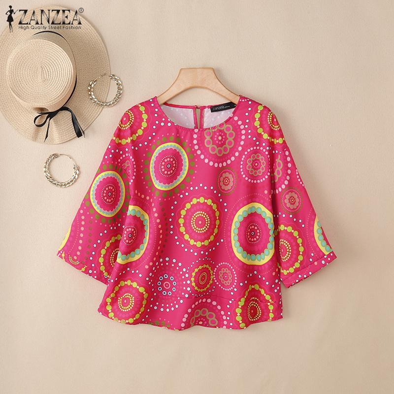 ZANZEA Women Casual Round Neck Retro Print Loose 3/4 Sleeve Blouse