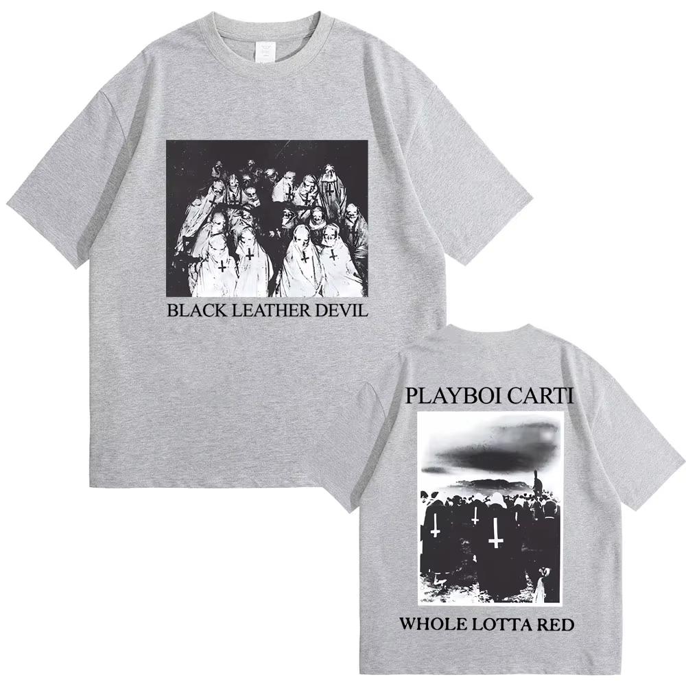Rapper Playboi Carti Schwarzes Leder Teufel Whole Lotta Red Grafik T-Shirt Herren Vintage Übergroßes T-Shirt Cooles Hip Hop Opium T-Shirt