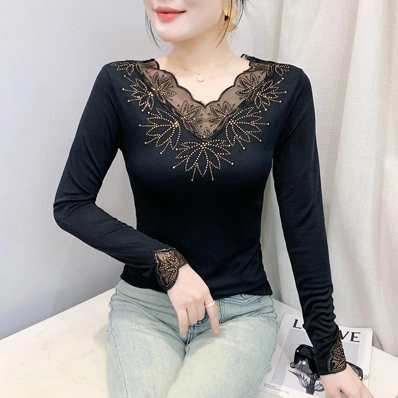 Autumn Winter New Style Mesh Hot Diamond T-shirt Top V-neck Lace Slimming Slim Bottoming Shirt for Women with Western Style