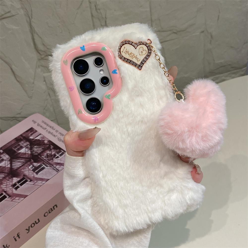 Kawaii Sweet Fluffy Soft Plush Toy Phone Case for SamSung Galaxy S26 Ultra S25 S23 A57 A56 Heart Charm Pom Pom Pendant Cover