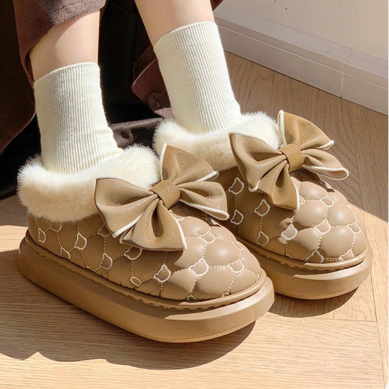 Butterfly knot cotton slippers with plush insulation for autumn and winter, thick soled anti slip cotton shoes
