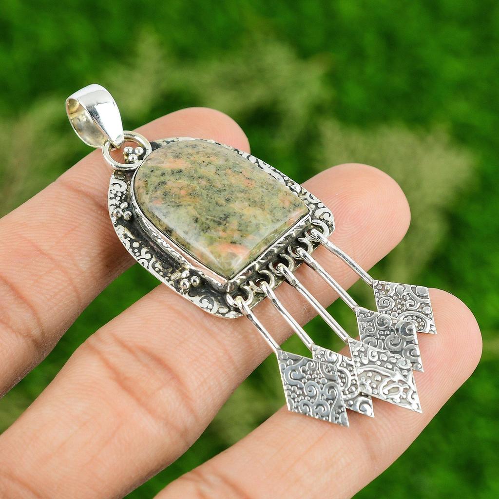 925 Sterling Silver Heart Chakra Unakite Stone Anniversary Boho Pendant Jewelry
