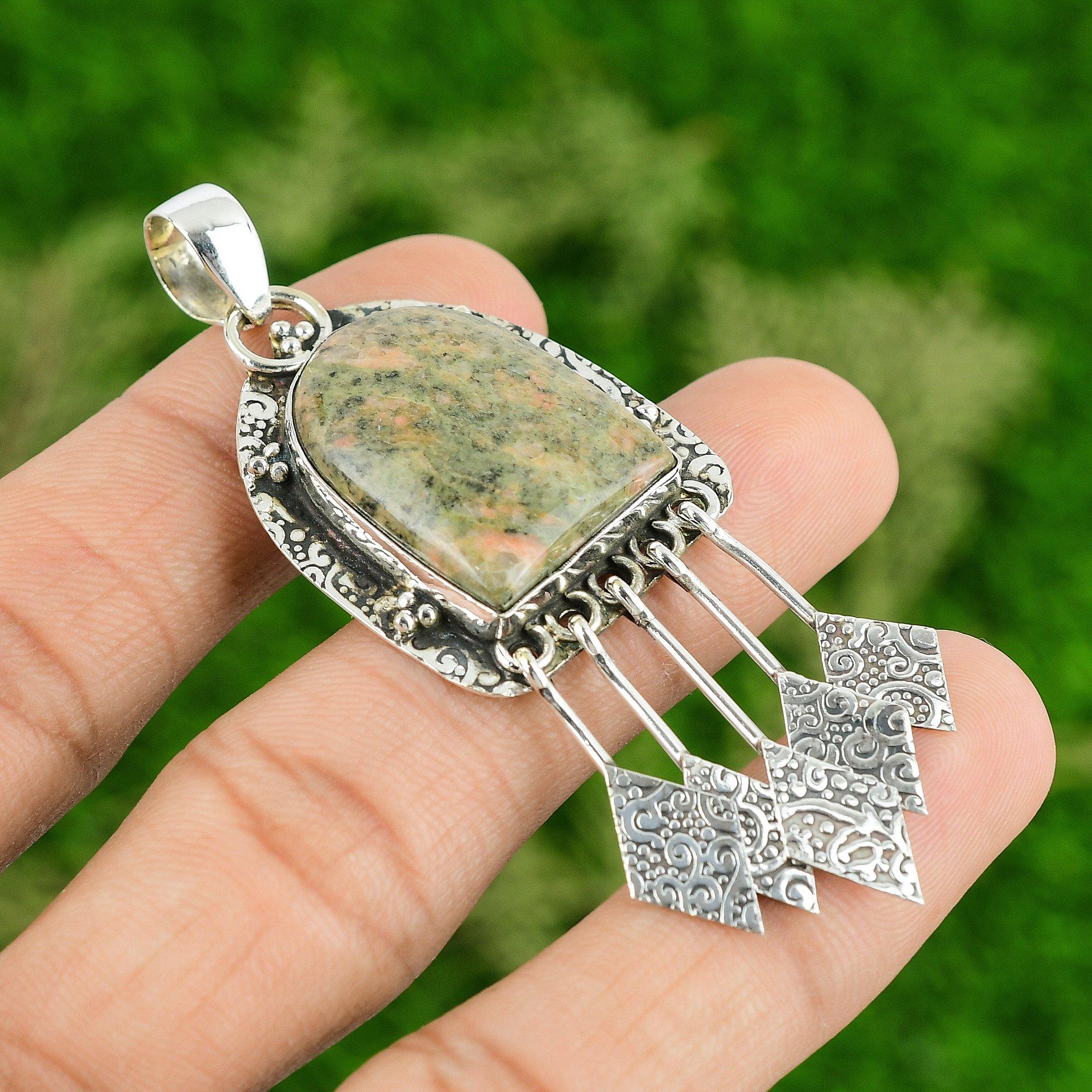 

925 Sterling Silver Heart Chakra Unakite Stone Anniversary Boho Pendant Jewelry