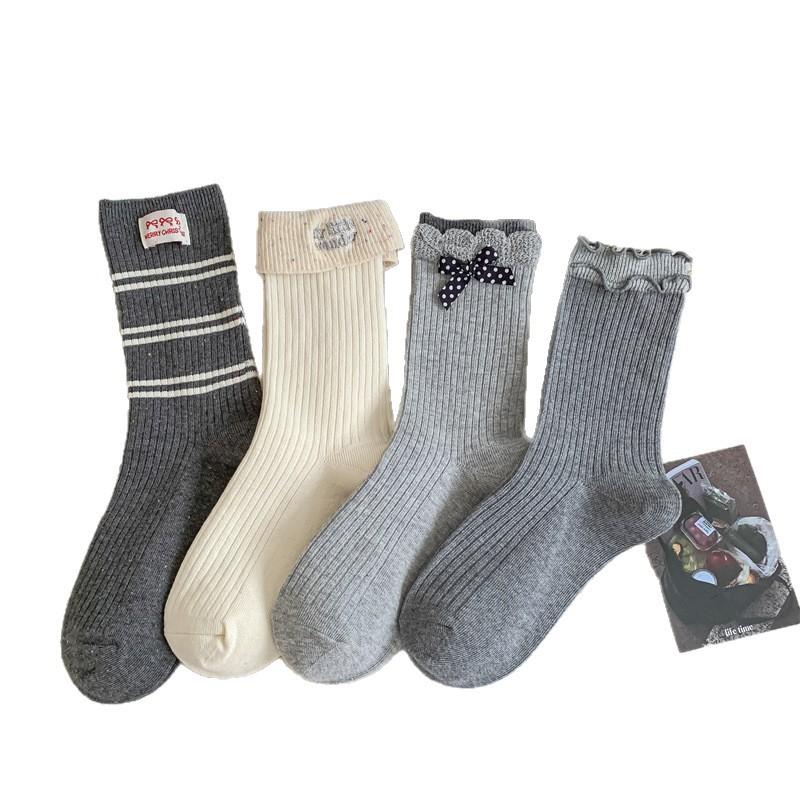 Grey College-style Striped Fabric Label Women's Mid-calf Socks Autumn and Winter Cotton Socks Trendy and Individualistic Long Calf Socks