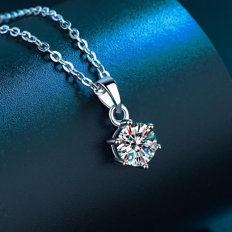 Sterling Silver 925 Moissanite Necklace: Classic Six-Prong European & American Style Women's Colored Diamond Pendant