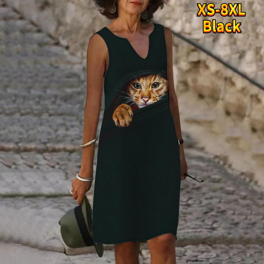 

Женское летнее платье с V-образным вырезом «Маленький котенок в кармане» и принтом, повседневное модное платье без рукавов, повседневные свободные сексуальные платья размера плюс XS-8XL 8XL