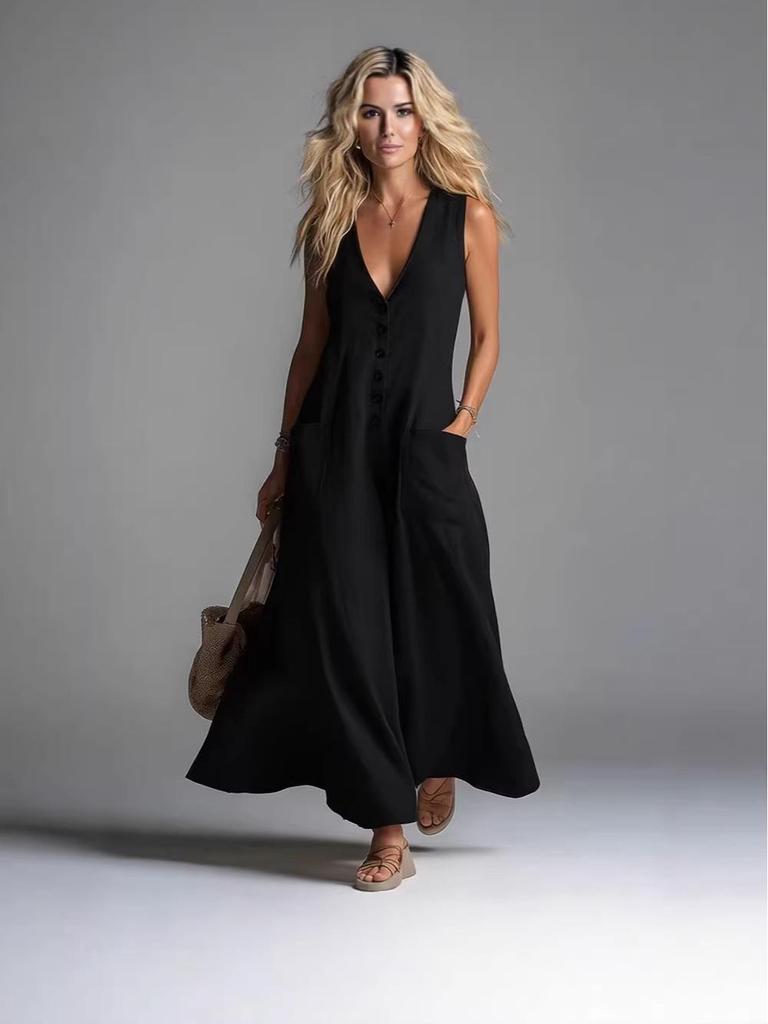 2026 Euro-American Deep V-Neck Sleeveless Pocket Long Dress