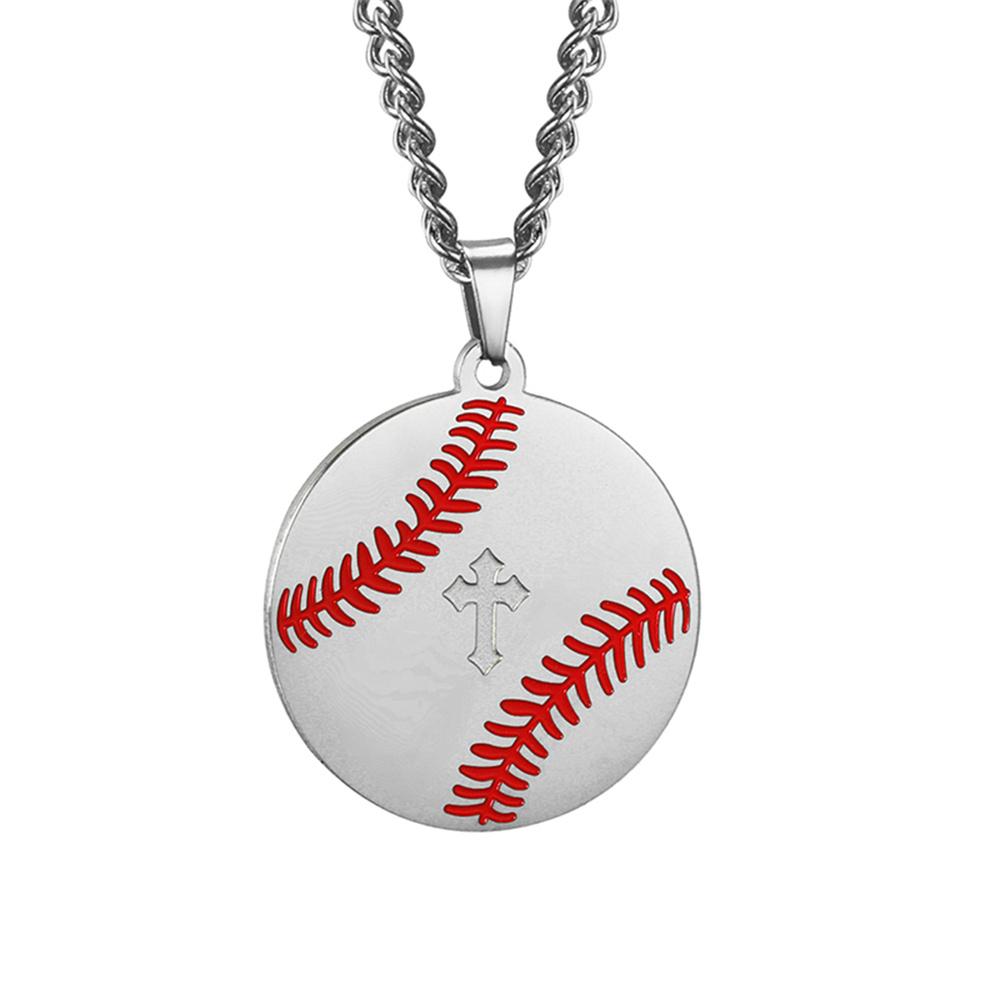 

Fashion Baseball Cross Bible Round Pendant Necklace for Woman Man Stainless Steel Clavicle Chain Sport Casual Jewelry