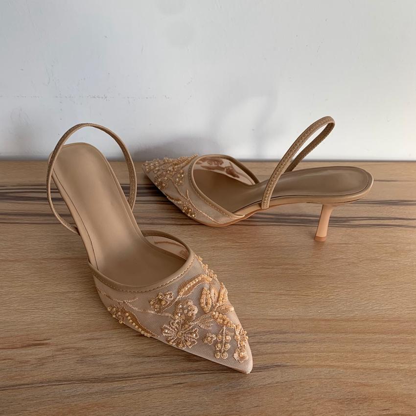 

Mesh Embroidered Flowers High Heels Sandals Women Summer Sexy Slingback Pointed Toe Pumps Dress Shoes Sandalias De Mujer 36