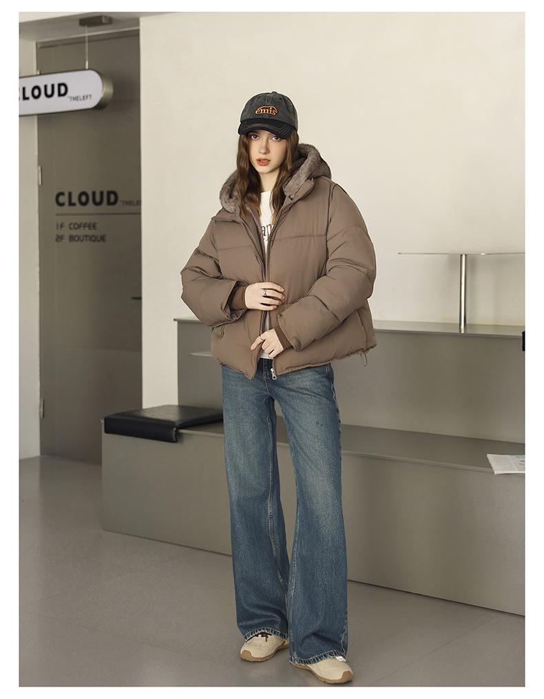 Short Cotton-padded Jacket With Imitation Mink Fur Hood