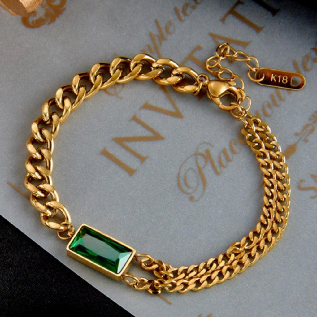 Fashion Simple Luxury Light Gold-Plated Titanium Steel Chain With Diamonds Rectangular Green Diamond Double Chain Simple Square Bracelet Female