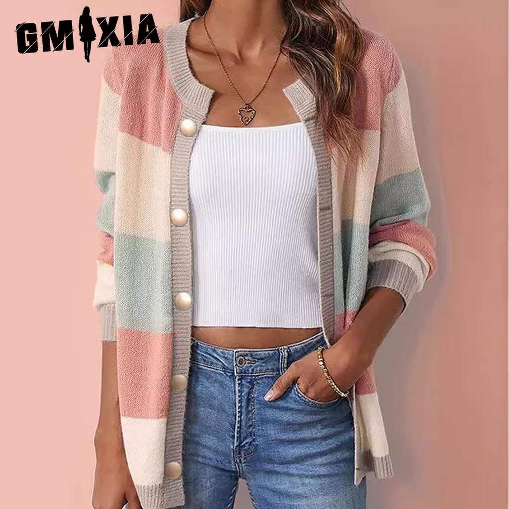 GMXIA Spring and Autumn with Women's Matching Color Temperament Long Sweater Women's Crewneck Loose Sweater Coat Women
