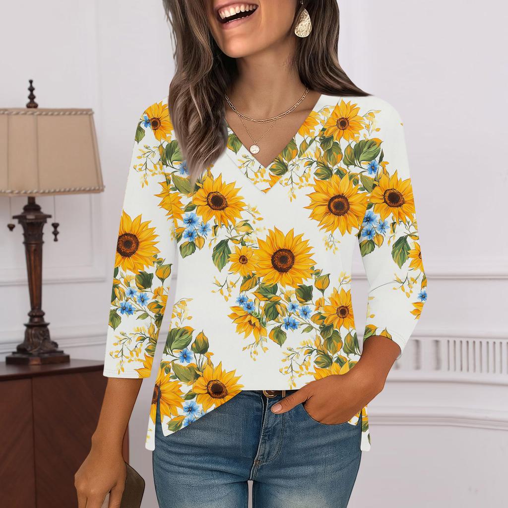 3/4 Sleeve Shirts For Women  Print Graphic Tees Blouses Casual Plus Size Basic Tops Pullover