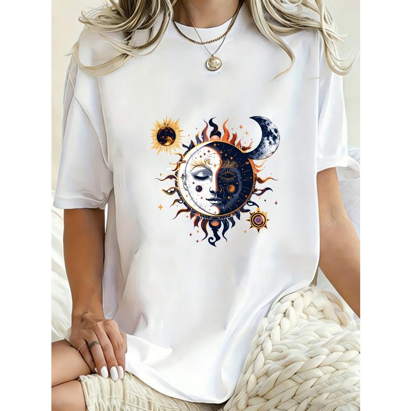 Oversized T Shirt Dress Black Sun And Moon Face Print For Casual Wear