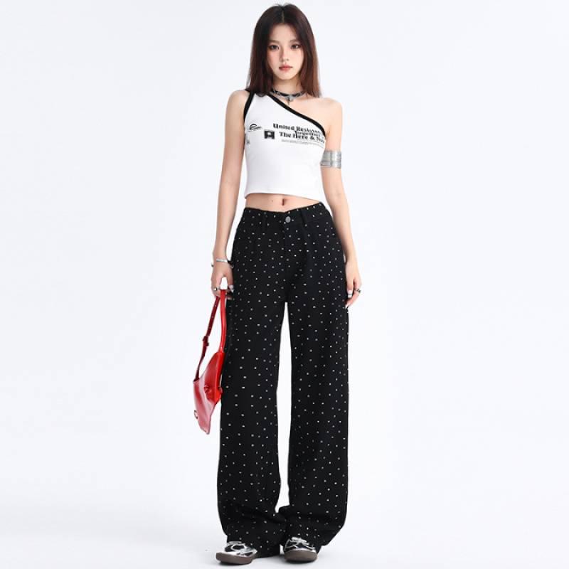 

Polka Dot Black and White Straight-Leg Floral Jeans - Slimming Wide-Leg, Spring/Summer S