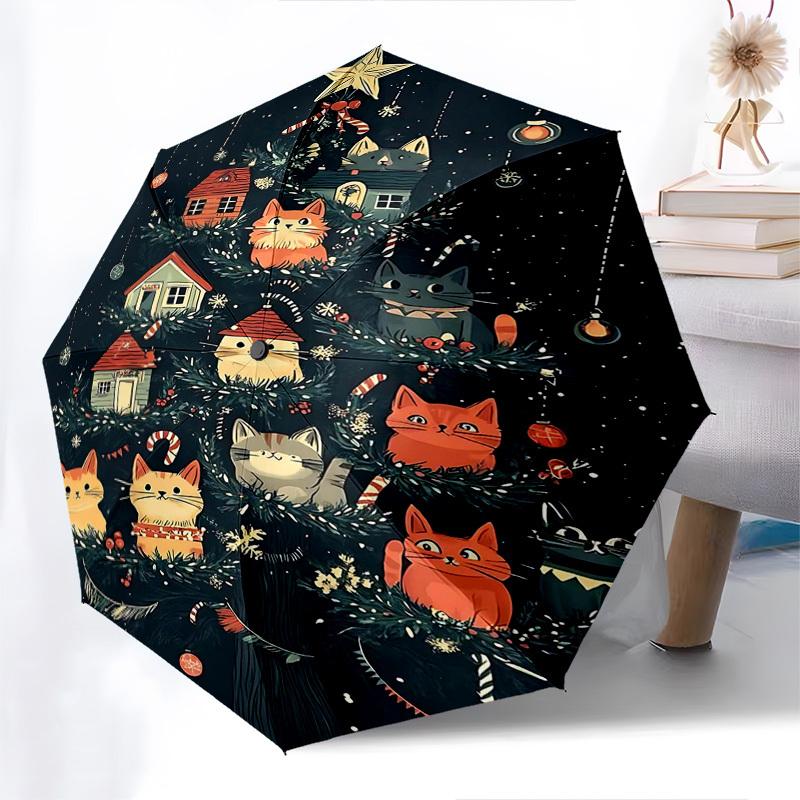 

1pc Christmas Cat Tree Umbrella, Automatic Opening & Closing, Portable 3-Fold Design, 8-Rib Iron Frame, Outdoor Umbrella, Festive Gift for Fans, Trave