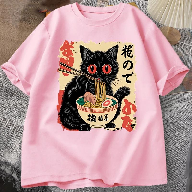 Vintage Japanische Schwarze Katze Ramen Damen T-Shirts Niedliche Grafik Lustige Katze isst Ramen Gedruckt Harajuku Kurzarm Freizeit Oberteil Tee