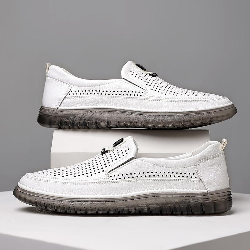 Mode Sommer Weiß Perforierte Lederschuhe Herren Slip on Schuhe Aus Echtem Leder Männlichen Bequeme Freizeitschuhe Männlichen Bequeme Halbschuhe