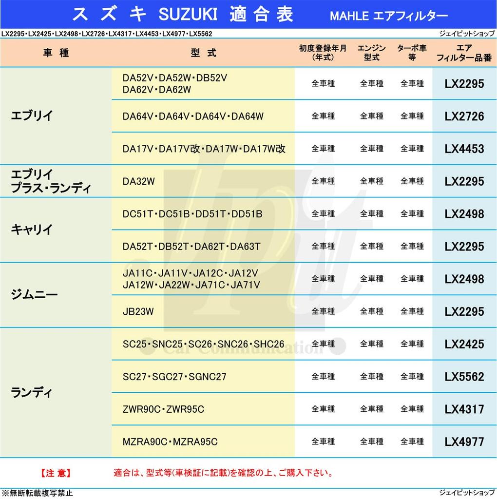 Every Air Filter, Air , Suzuki Model DA17V, DA17V, DA17W, DA17W, MAHLE LX4453x2, 13780-64P00, Genuine Filter Manufacturer