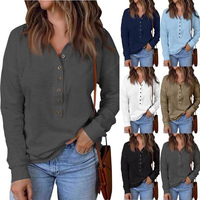 Top da donna con risvolto, abbottonato, a maniche lunghe, pullover, tinta unita, maglione in maglia, ampio, a maniche lunghe