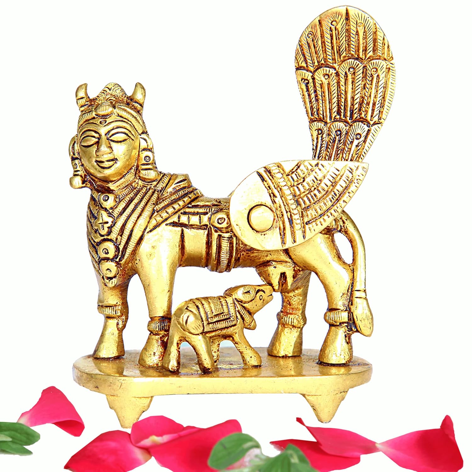 Kamdhenu Cow Brass Idol, Kamdhenu Cow With Calf Idol, Gold, Brass - 10.5 Cm