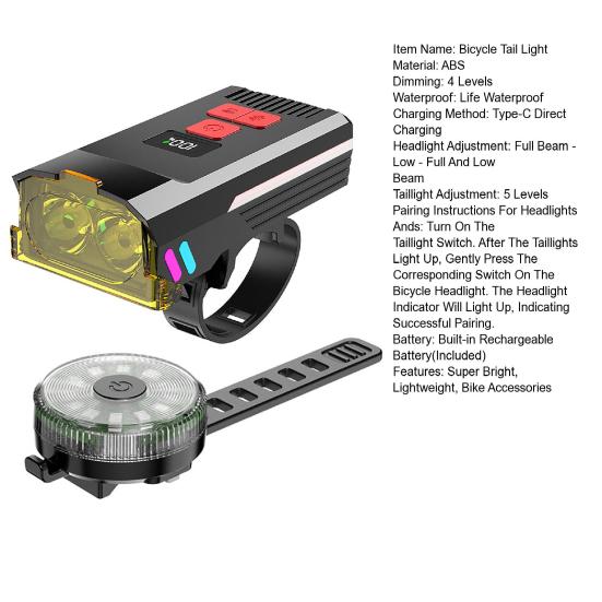 Bicycle Headlight Tail Light Waterproof High Lumens Type-C Rechargeable Universal MTB Road Mountain Bike Night Riding Safety Warning Front Rear Lamp