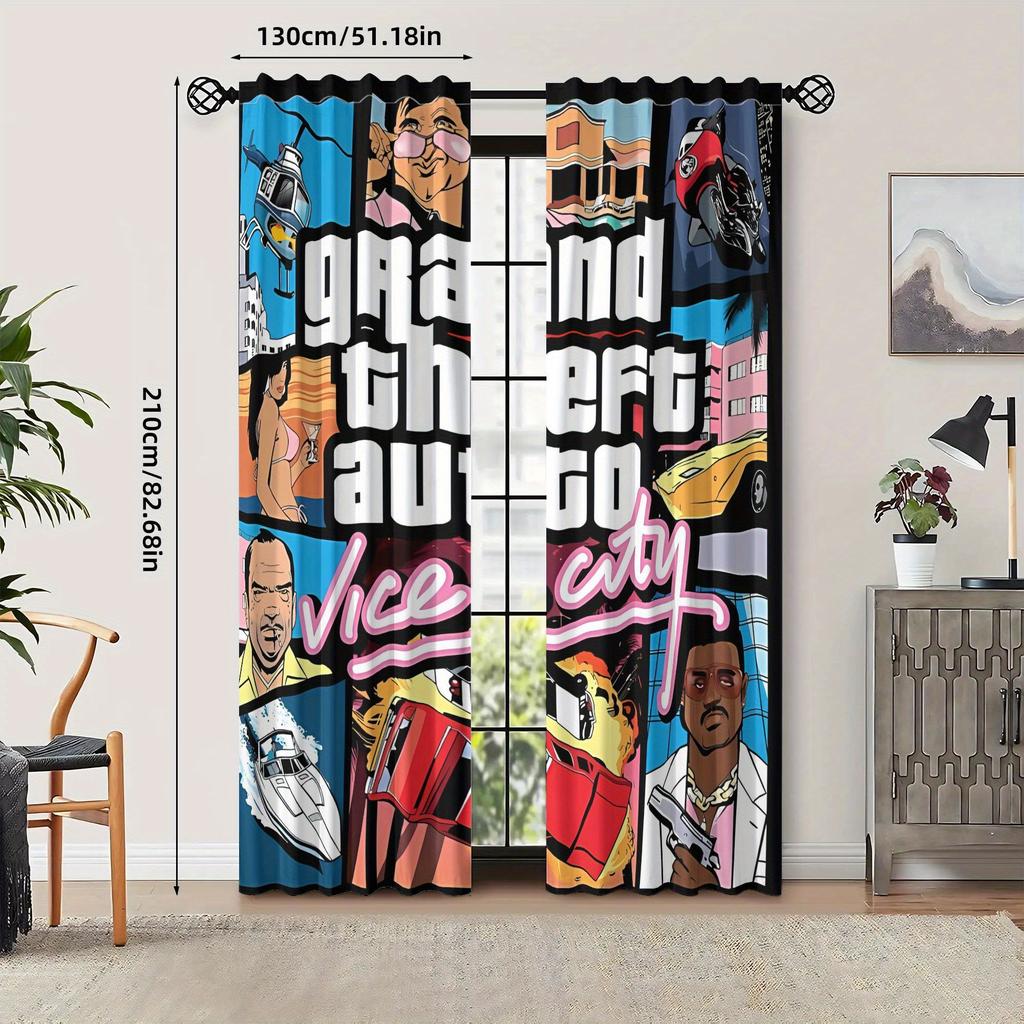 Tende Oscuranti a Tema Retro Gaming Gta Vice City - Poliestere Lavabili in Lavatrice Tende con Tasca per Asta Con Vivace Grafica di Gioco
