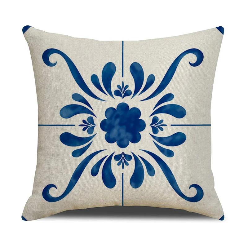 Chinese retro style blue and white ceramic printed fabric linen cotton throw pillow wrapped sofa home decoration pillow